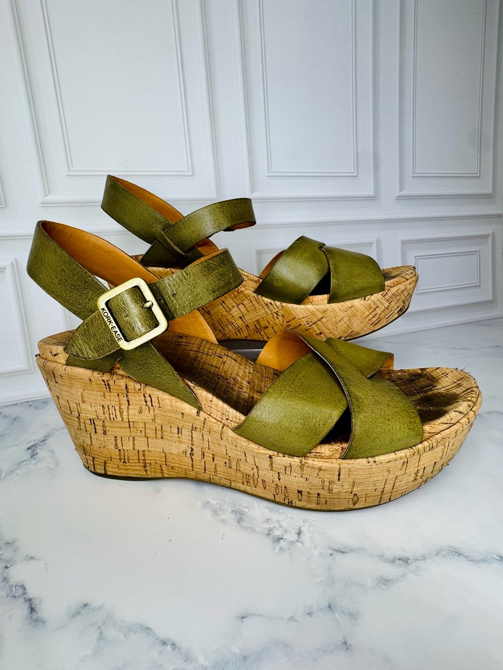 Kork-Ease Myrna Olive Green Leather Cork Wedge Sandals 10M - Picture 14 of 14